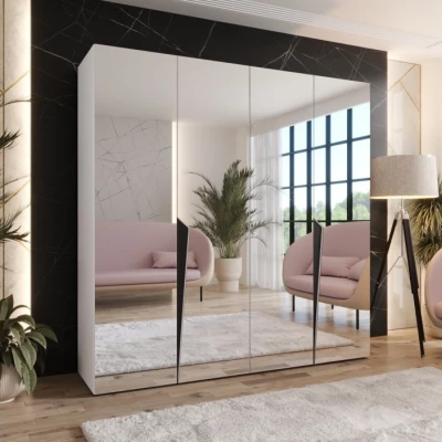 Čtyřdveřová šatní skříň 200 cm SORAYA 3 se zrcadlem - bílá / černé úchyty