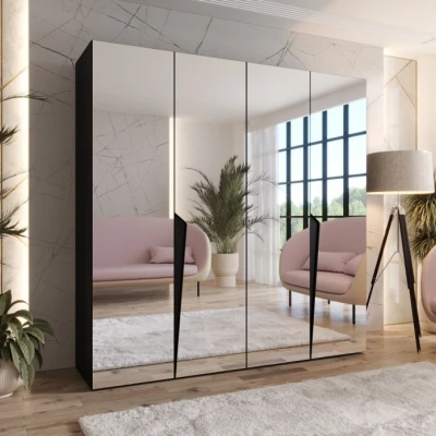 Čtyřdveřová šatní skříň 200 cm SORAYA 3 se zrcadlem - černá / černé úchyty