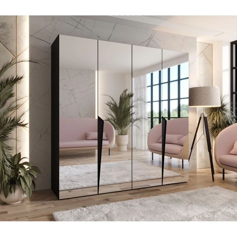 Čtyřdveřová šatní skříň 200 cm SORAYA 3 se zrcadlem - černá / černé úchyty