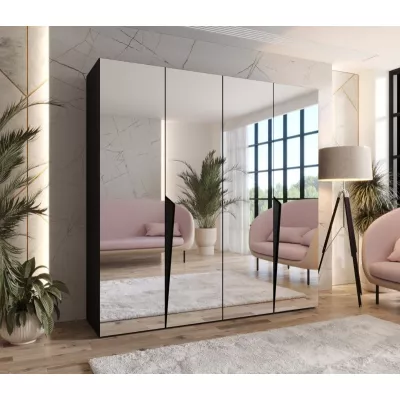 Čtyřdveřová šatní skříň 200 cm SORAYA 3 se zrcadlem - černá / černé úchyty