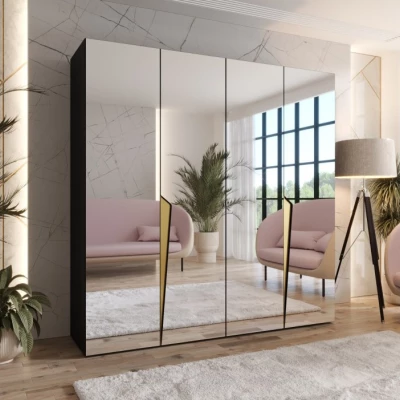 Čtyřdveřová šatní skříň 200 cm SORAYA 3 se zrcadlem - černá / zlaté úchyty