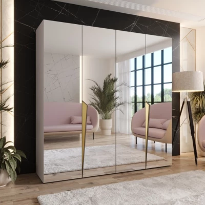 Čtyřdveřová šatní skříň 200 cm SORAYA 3 se zrcadlem - kašmír / zlaté úchyty