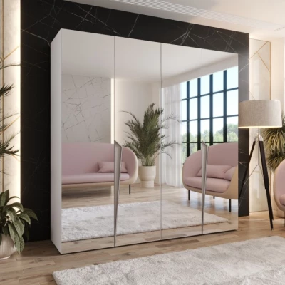 Čtyřdveřová šatní skříň 200 cm SORAYA 3 se zrcadlem - bílá / kašmírové úchyty