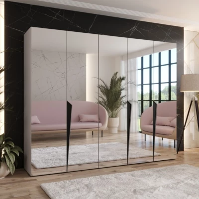 Široká šatní skříň 250 cm SORAYA 3 se zrcadlem - kašmír / černé úchyty