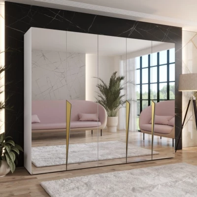 Široká šatní skříň 250 cm SORAYA 3 se zrcadlem - bílá / zlaté úchyty