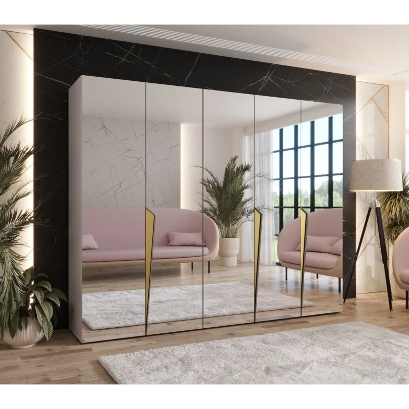 Široká šatní skříň 250 cm SORAYA 3 se zrcadlem - kašmír / zlaté úchyty