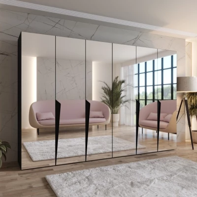 Šatní zrcadlová skříň 300 cm SORAYA 3 - černá / černé úchyty