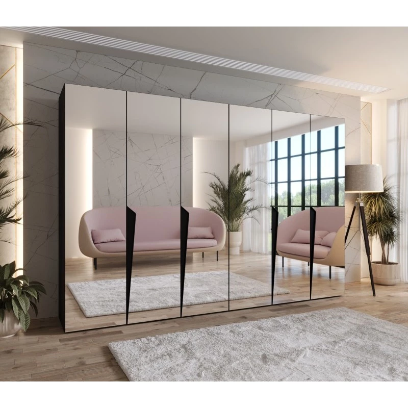 Šatní zrcadlová skříň 300 cm SORAYA 3 - černá / černé úchyty