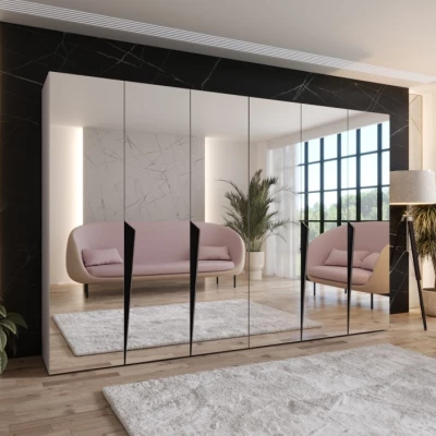 Šatní zrcadlová skříň 300 cm SORAYA 3 - kašmír / černé úchyty