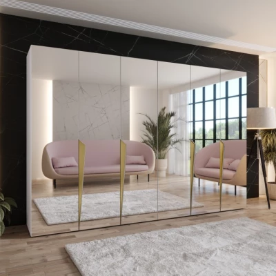 Šatní zrcadlová skříň 300 cm SORAYA 3 - bílá / zlaté úchyty