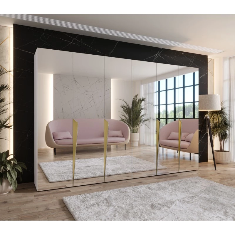 Šatní zrcadlová skříň 300 cm SORAYA 3 - bílá / zlaté úchyty