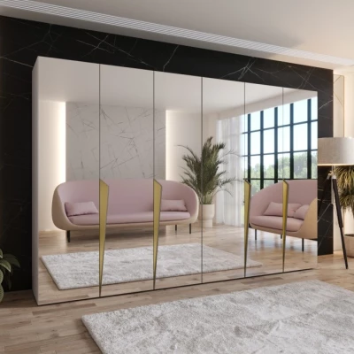 Šatní zrcadlová skříň 300 cm SORAYA 3 - kašmír / zlaté úchyty