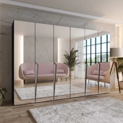 Šatní zrcadlová skříň 300 cm SORAYA 3 - černá / kašmírové úchyty