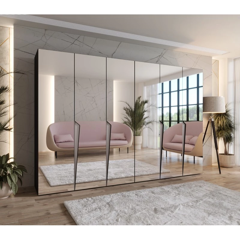 Šatní zrcadlová skříň 300 cm SORAYA 3 - černá / kašmírové úchyty