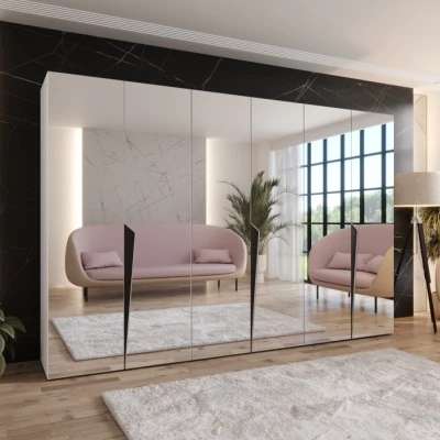 Velká šatní skříň 300 cm SORAYA 3 se zrcadlem - bílá / černé úchyty