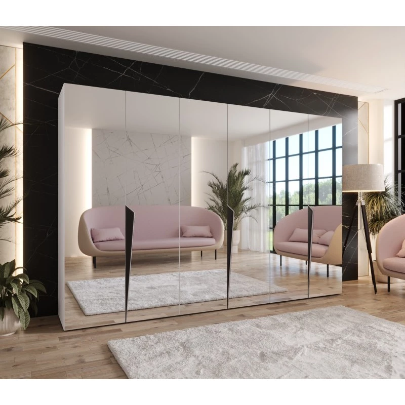 Velká šatní skříň 300 cm SORAYA 3 se zrcadlem - bílá / černé úchyty