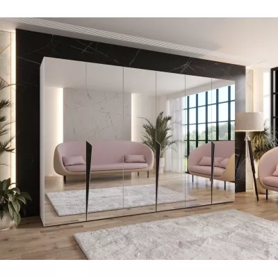 Velká šatní skříň 300 cm SORAYA 3 se zrcadlem - bílá / černé úchyty