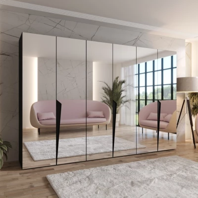 Velká šatní skříň 300 cm SORAYA 3 se zrcadlem - černá / černé úchyty