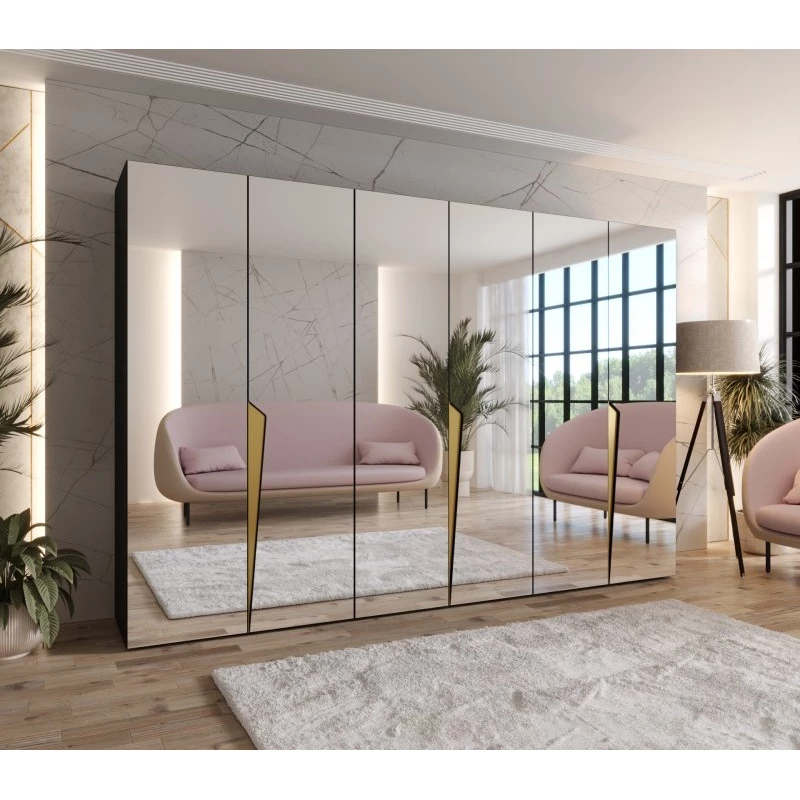 Velká šatní skříň 300 cm SORAYA 3 se zrcadlem - černá / zlaté úchyty