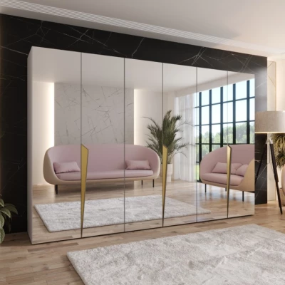 Velká šatní skříň 300 cm SORAYA 3 se zrcadlem - kašmír / zlaté úchyty