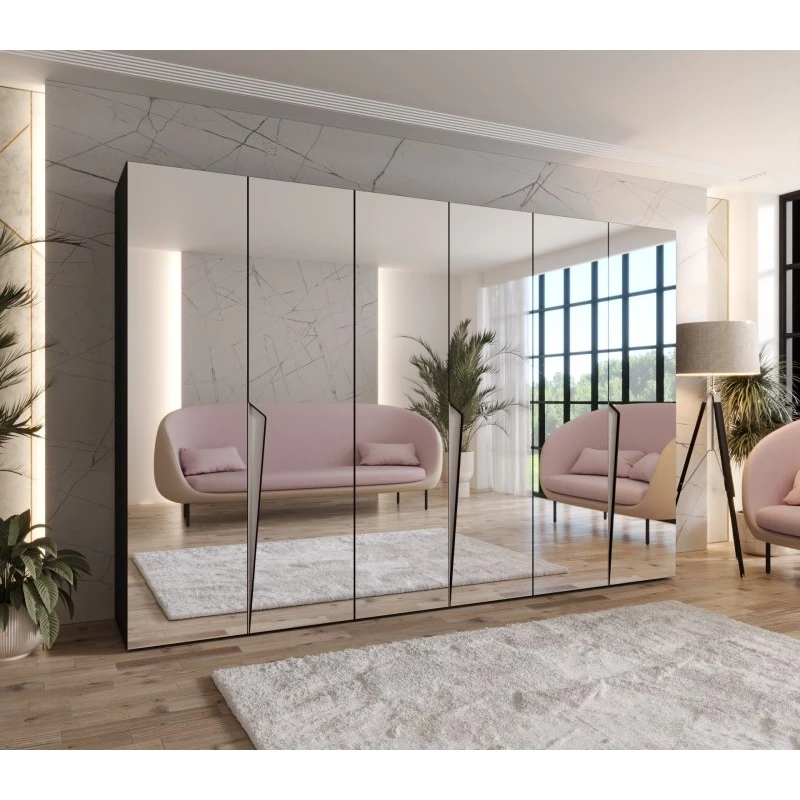 Velká šatní skříň 300 cm SORAYA 3 se zrcadlem - černá / kašmírové úchyty