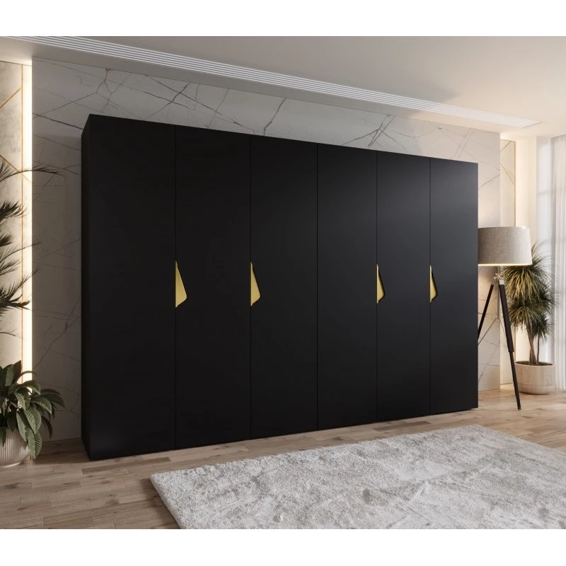 Elegantní šatní skříň 300 cm AMARIS 1 - černá / zlaté úchyty
