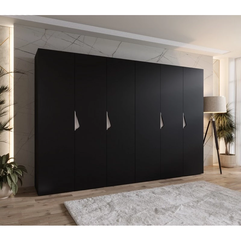 Elegantní šatní skříň 300 cm AMARIS 1 - černá / kašmírové úchyty