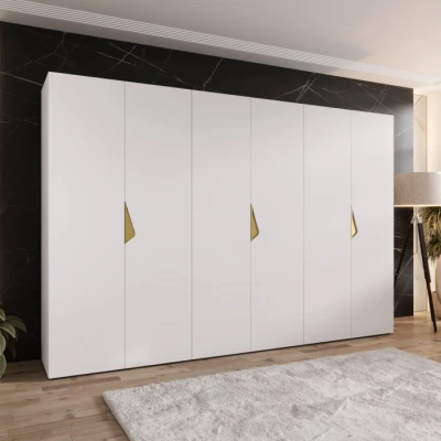 Velká šatní skříň 300 cm AMARIS 1 - bílá / zlaté úchyty