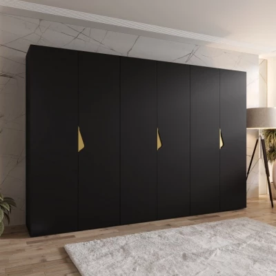 Velká šatní skříň 300 cm AMARIS 1 - černá / zlaté úchyty