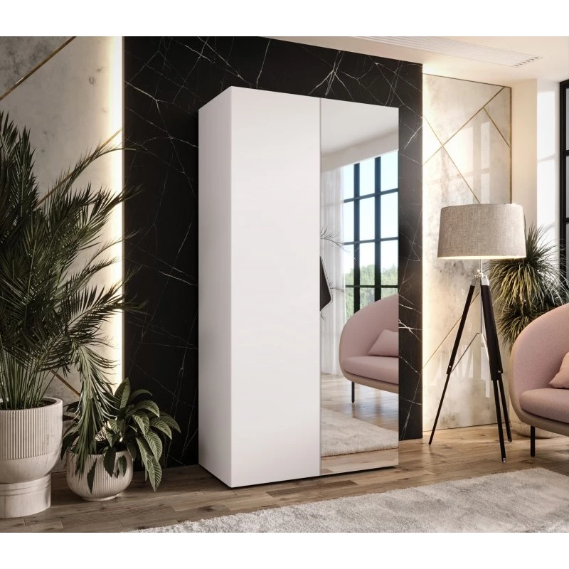 Úzká šatní skříň 100 cm AMARIS 2 se zrcadlem - bílá / černý úchyt