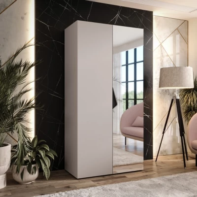 Úzká šatní skříň 100 cm AMARIS 2 se zrcadlem - kašmír / černý úchyt