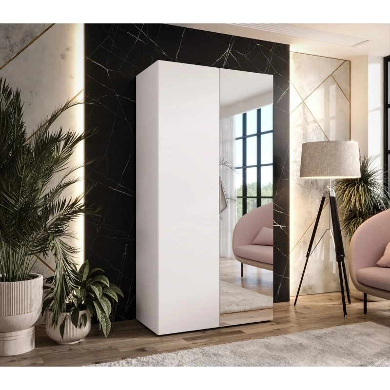 Úzká šatní skříň 100 cm AMARIS 2 se zrcadlem - bílá / kašmírový úchyt