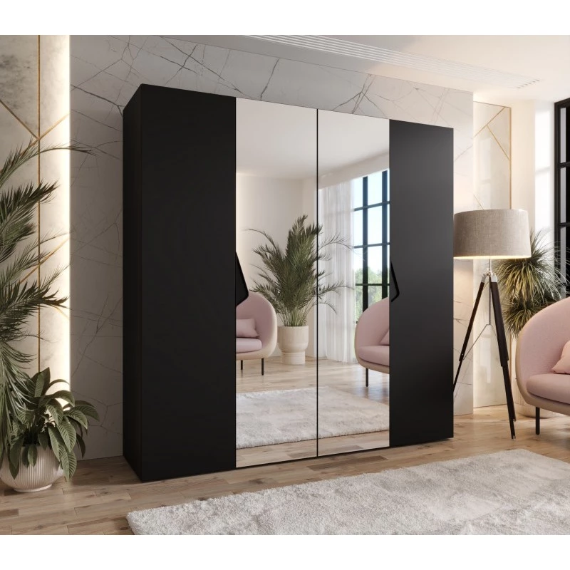 Čtyřdveřová zrcadlová skříň 200 cm AMARIS 2 - černá / černé úchyty