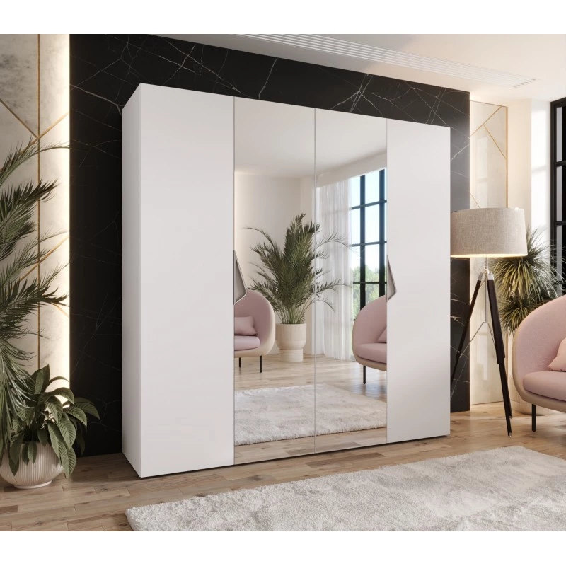 Čtyřdveřová zrcadlová skříň 200 cm AMARIS 2 - bílá / kašmírové úchyty