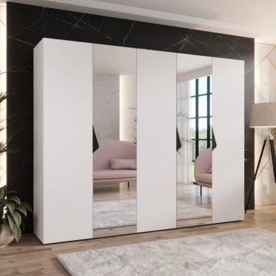 Široká šatní skříň 250 cm AMARIS 2 se zrcadlem - bílá / černé úchyty