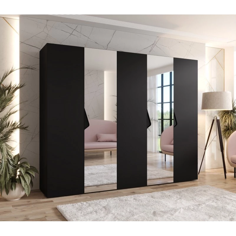 Široká šatní skříň 250 cm AMARIS 2 se zrcadlem - černá / černé úchyty