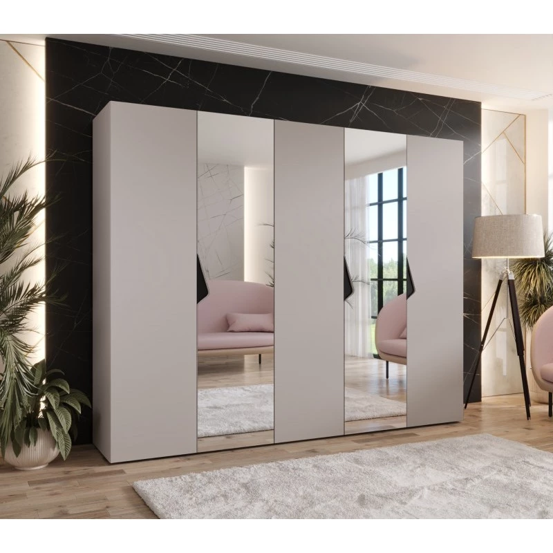 Široká šatní skříň 250 cm AMARIS 2 se zrcadlem - kašmír / černé úchyty