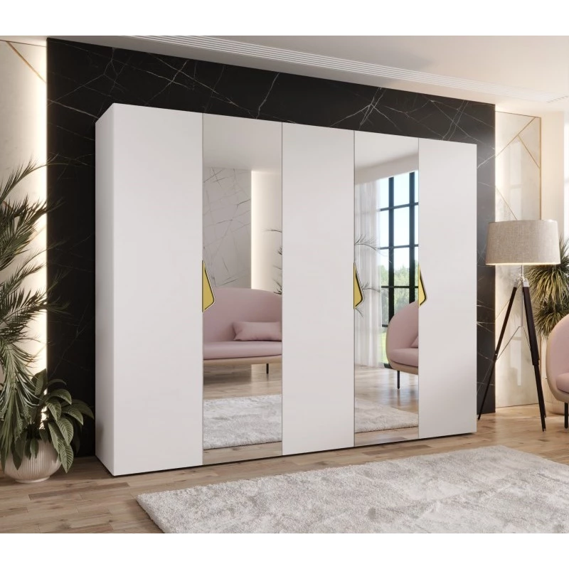 Široká šatní skříň 250 cm AMARIS 2 se zrcadlem - bílá / zlaté úchyty