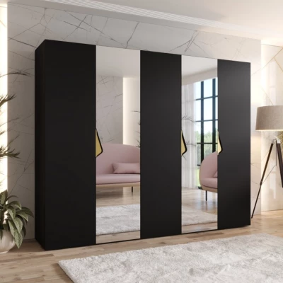 Široká šatní skříň 250 cm AMARIS 2 se zrcadlem - černá / zlaté úchyty
