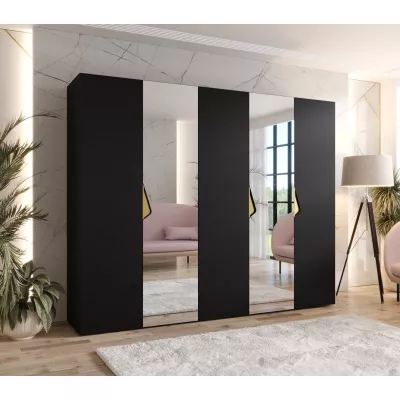 Široká šatní skříň 250 cm AMARIS 2 se zrcadlem - černá / zlaté úchyty