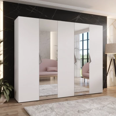 Široká šatní skříň 250 cm AMARIS 2 se zrcadlem - bílá / kašmírové úchyty