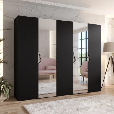 Široká šatní skříň 250 cm AMARIS 2 se zrcadlem - černá / kašmírové úchyty