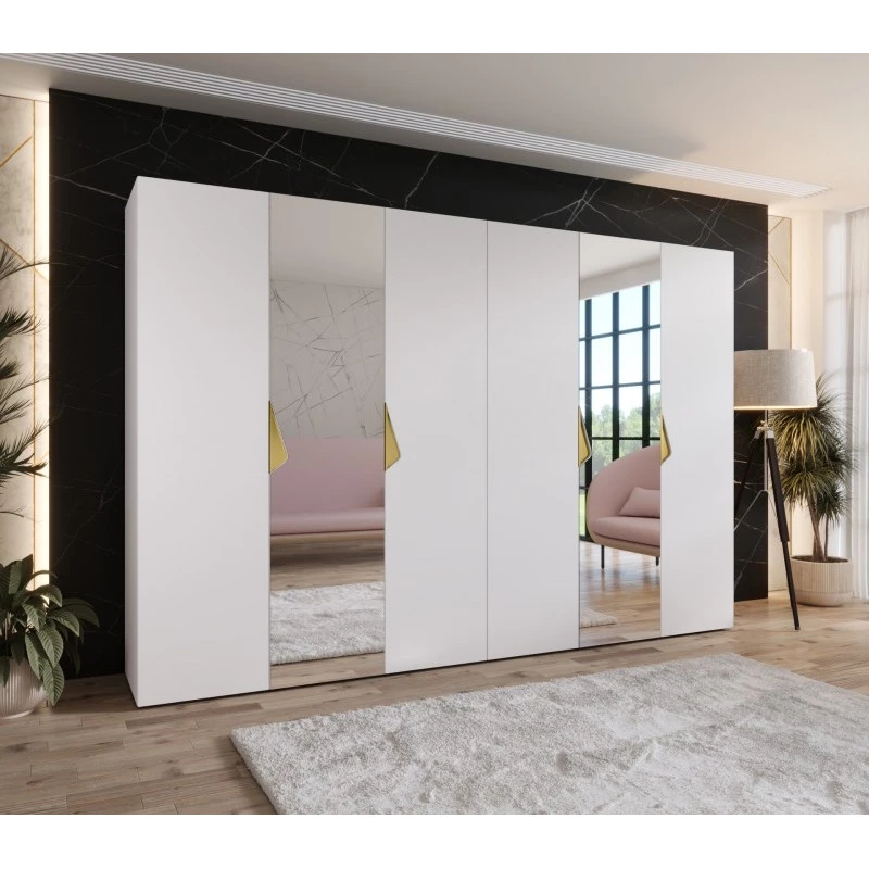 Elegantní zrcadlová skříň 300 cm AMARIS 2 - bílá / zlaté úchyty