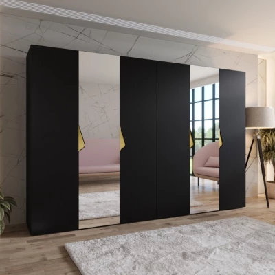 Elegantní zrcadlová skříň 300 cm AMARIS 2 - černá / zlaté úchyty