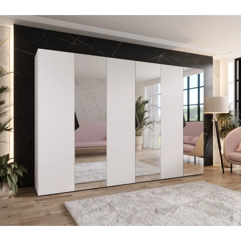 Velká zrcadlová šatní skříň 300 cm AMARIS 2 - bílá / černé úchyty