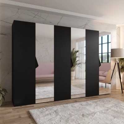 Velká zrcadlová šatní skříň 300 cm AMARIS 2 - černá / černé úchyty