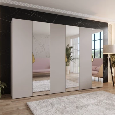 Velká zrcadlová šatní skříň 300 cm AMARIS 2 - kašmír / zlaté úchyty