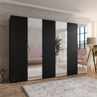 Velká zrcadlová šatní skříň 300 cm AMARIS 2 - černá / kašmírové úchyty
