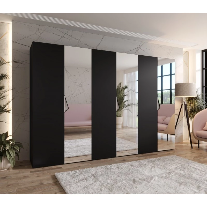 Velká zrcadlová šatní skříň 300 cm AMARIS 2 - černá / kašmírové úchyty