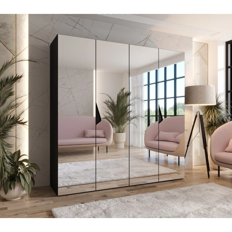 Čtyřdveřová zrcadlová skříň 200 cm AMARIS 3 - černá / černé úchyty